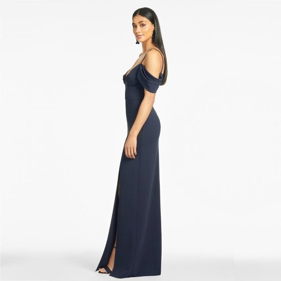 NWT SACHIN + BABI Brittany Gown in Navy Blue Off-Shoulder Crepe Side Leg Slit 8 - Picture 2 of 9